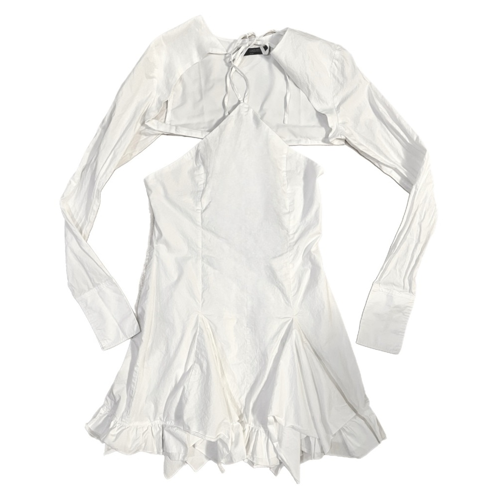 white cotton poplin set: halter mini dress + bolero shrug (M)